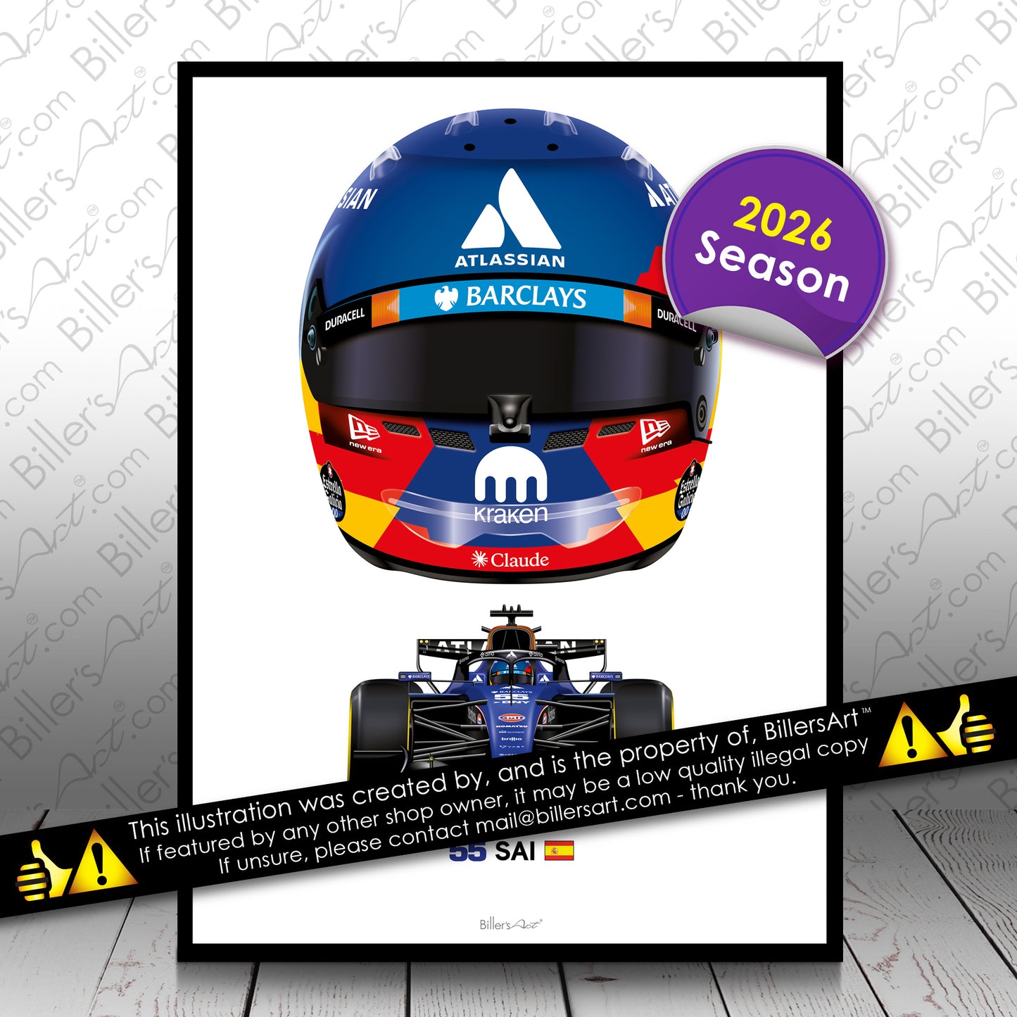 Carlos Sainz Formula 1 Racing Helmet 2026 Williams Print