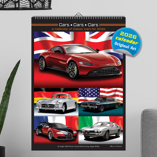 Classic Car 2026 Wall Calendar on Country Flag Backgrounds