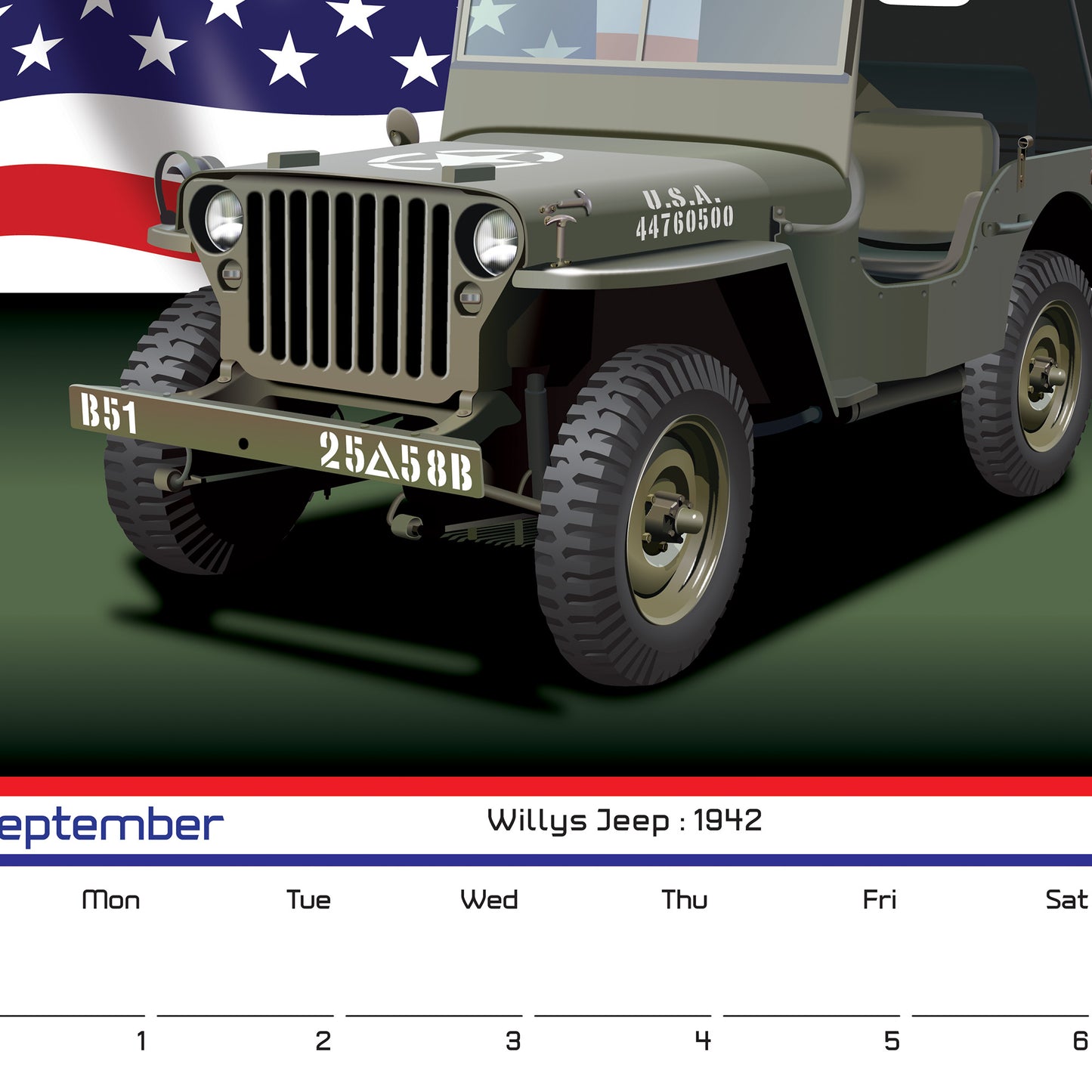 Classic Car 2025 Wall Calendar on Country Flag Backgrounds