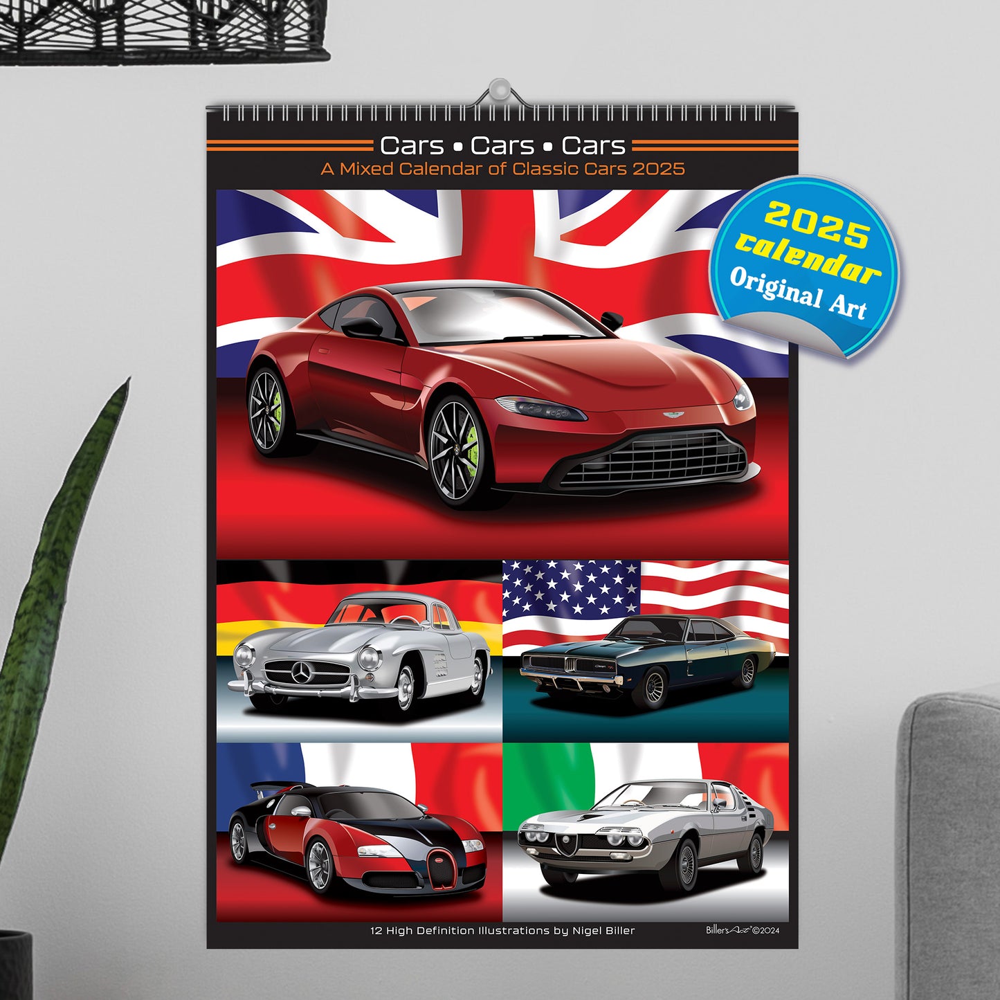 Classic Car 2025 Wall Calendar on Country Flag Backgrounds