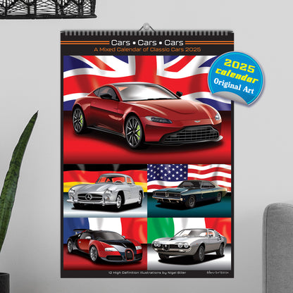 Classic Car 2025 Wall Calendar on Country Flag Backgrounds