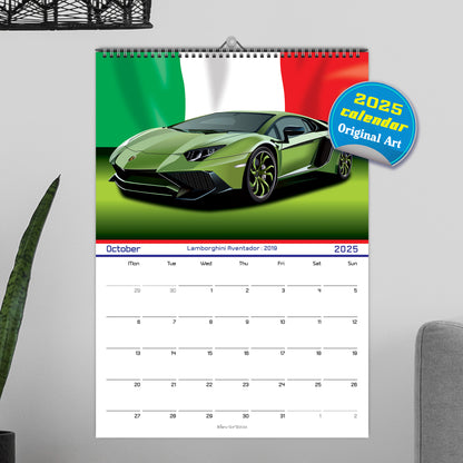 Classic Car 2025 Wall Calendar on Country Flag Backgrounds