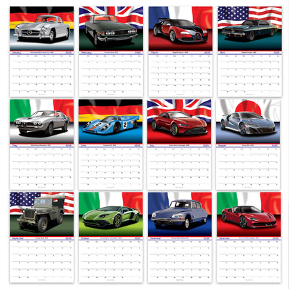 Classic Car 2025 Wall Calendar on Country Flag Backgrounds