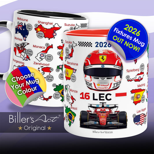 Two Formula 1-themed mugs with racing car and helmet design on a purple background.