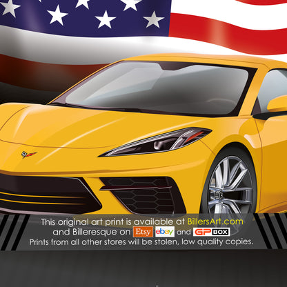 Chevrolet Corvette Supercar High Quality Print Illustration with the US Stars and Stripes Flag