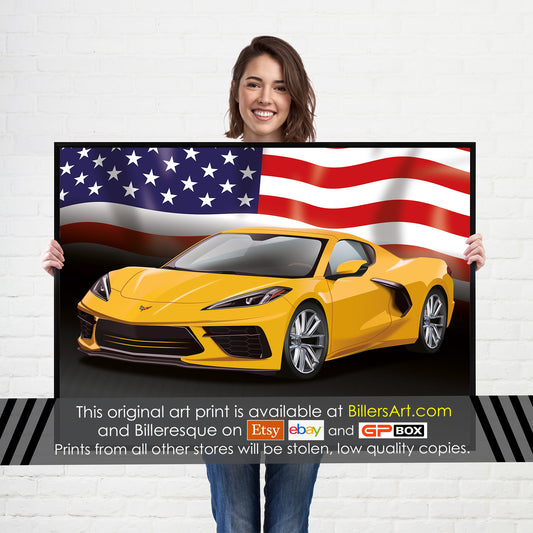 Chevrolet Corvette Supercar High Quality Print Illustration with the US Stars and Stripes Flag