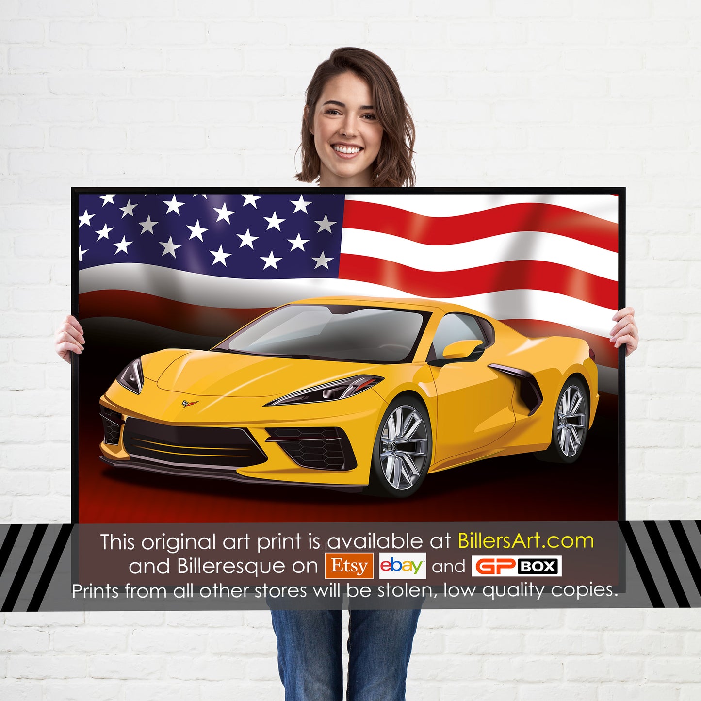 Chevrolet Corvette Supercar High Quality Print Illustration with the US Stars and Stripes Flag