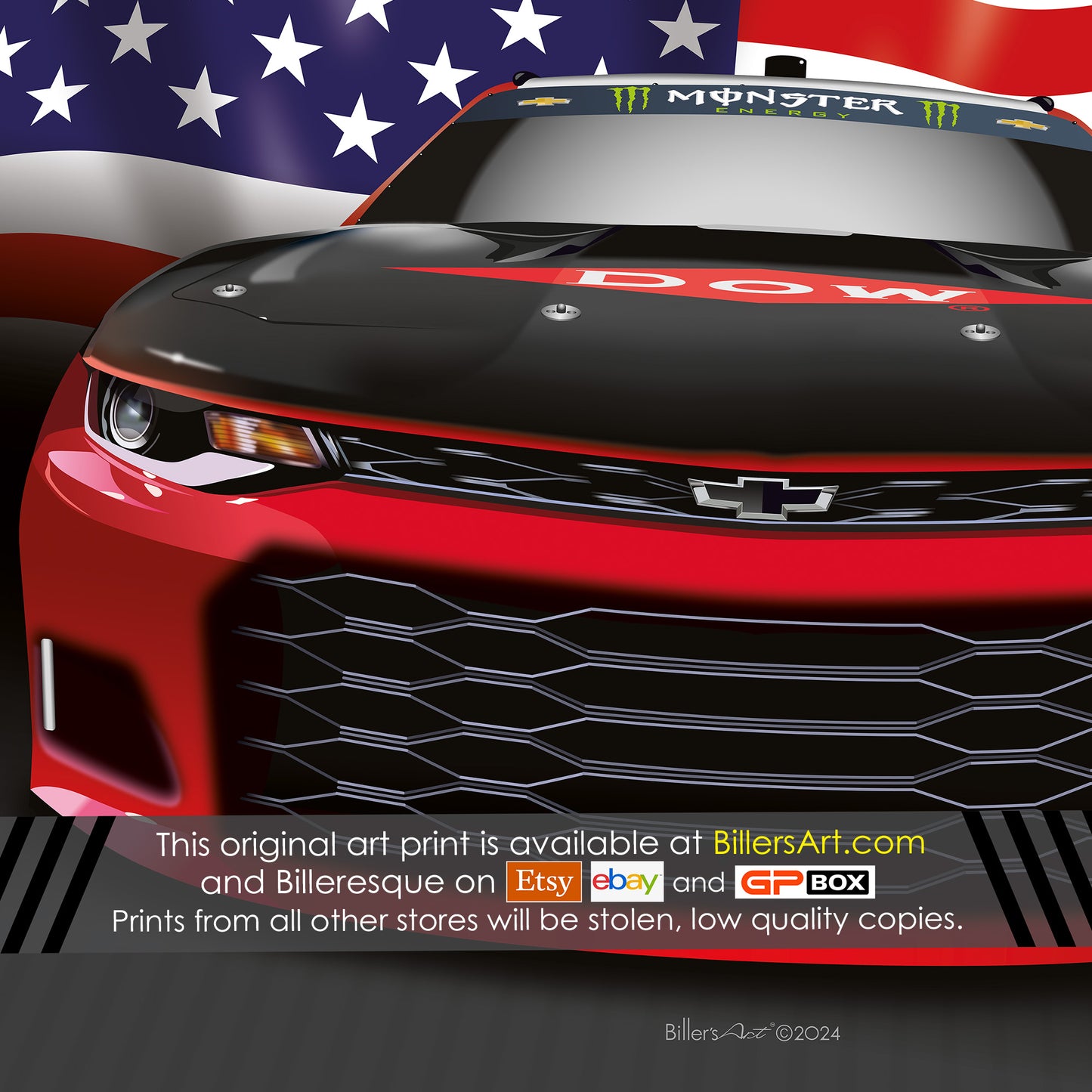 Chevrolet ZL1 Supercar High Quality Print Illustration with the US Stars and Stripes Flag