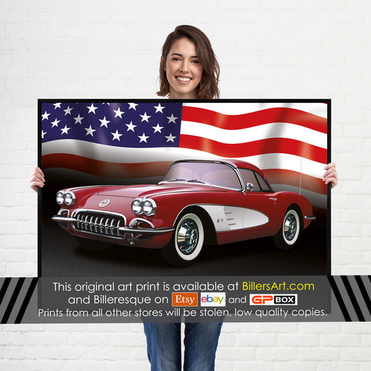 Chevrolet Corvette 1960 US Muscle Car High Quality Colourful Illustration Poster