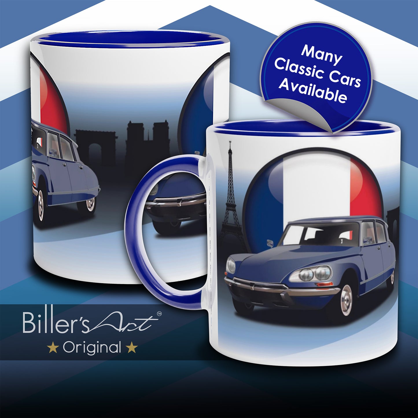 Citroen DS Classic Car High Quality Colourful Illustration Mug on a Paris Background