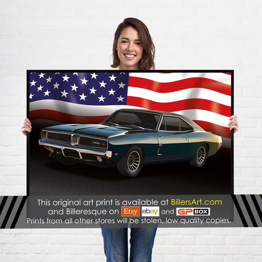 Dodge Charger 1960's US Muscle Car High Quality Colourful Illustration Poster