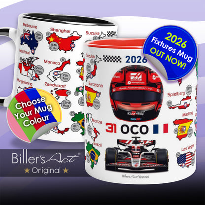 Two racing-themed mugs with various designs and branding on a purple background.