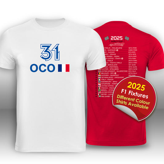 Esteban Ocon 2025 Race Calendar Formula 1 F1 T-Shirt