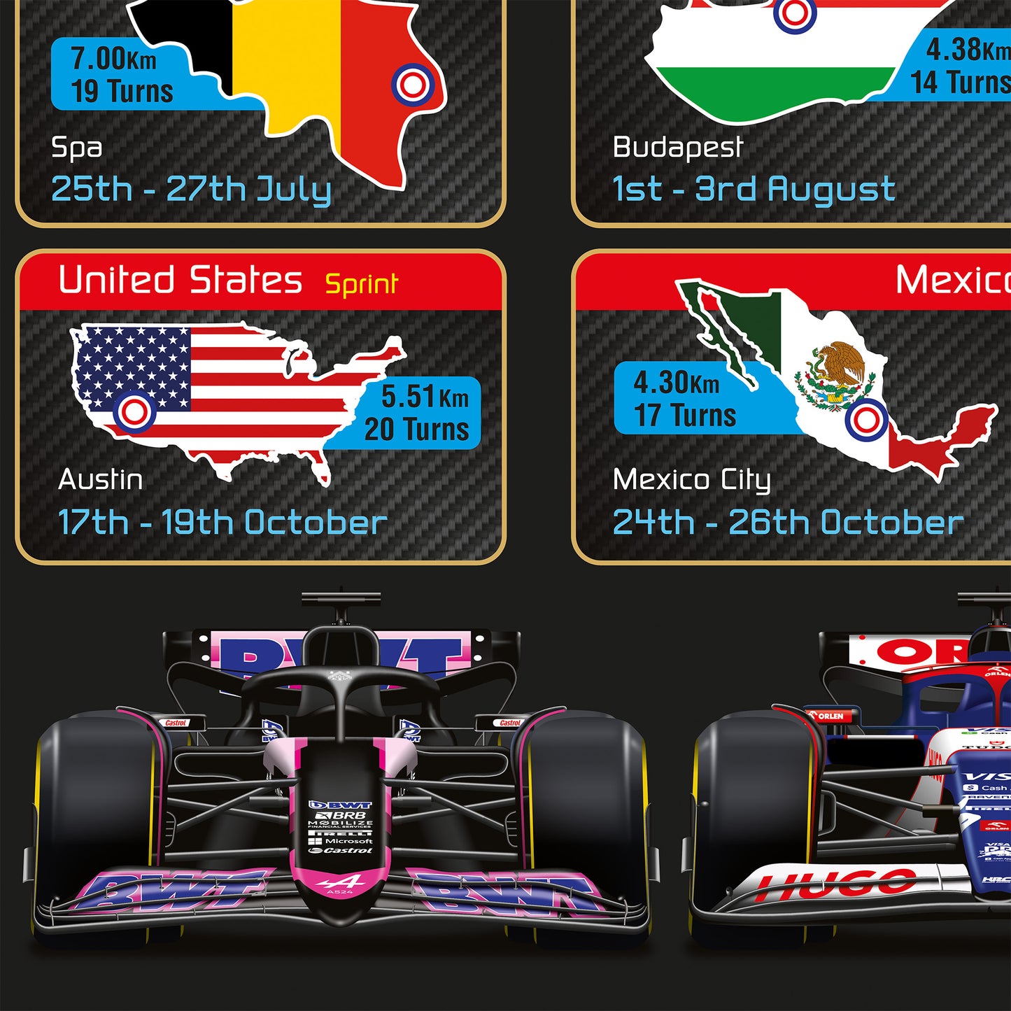 2025 Formula 1 Racing Calendar Poster - All Team Cars