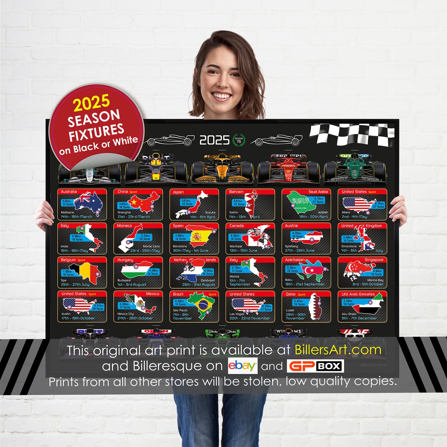 2025 Formula 1 Racing Calendar Poster - All Team Cars