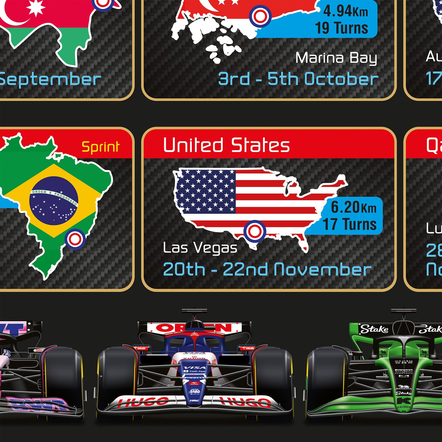 2025 Formula 1 Racing Calendar Portrait Poster - All Team Cars