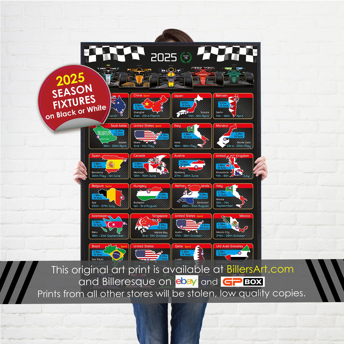 2025 Formula 1 Racing Calendar Portrait Poster - All Team Cars