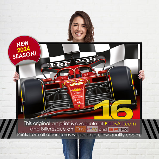 Charles Leclerc Formula 1 Ferrari 2024 Chequered Flag Print