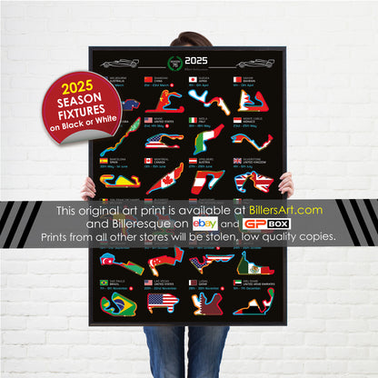 Formula 1 2025 Season Fixtures Wall Calendar and Flag Circuits Portrait Print