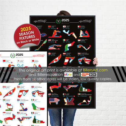 Formula 1 2025 Season Fixtures Wall Calendar and Flag Circuits Portrait Print