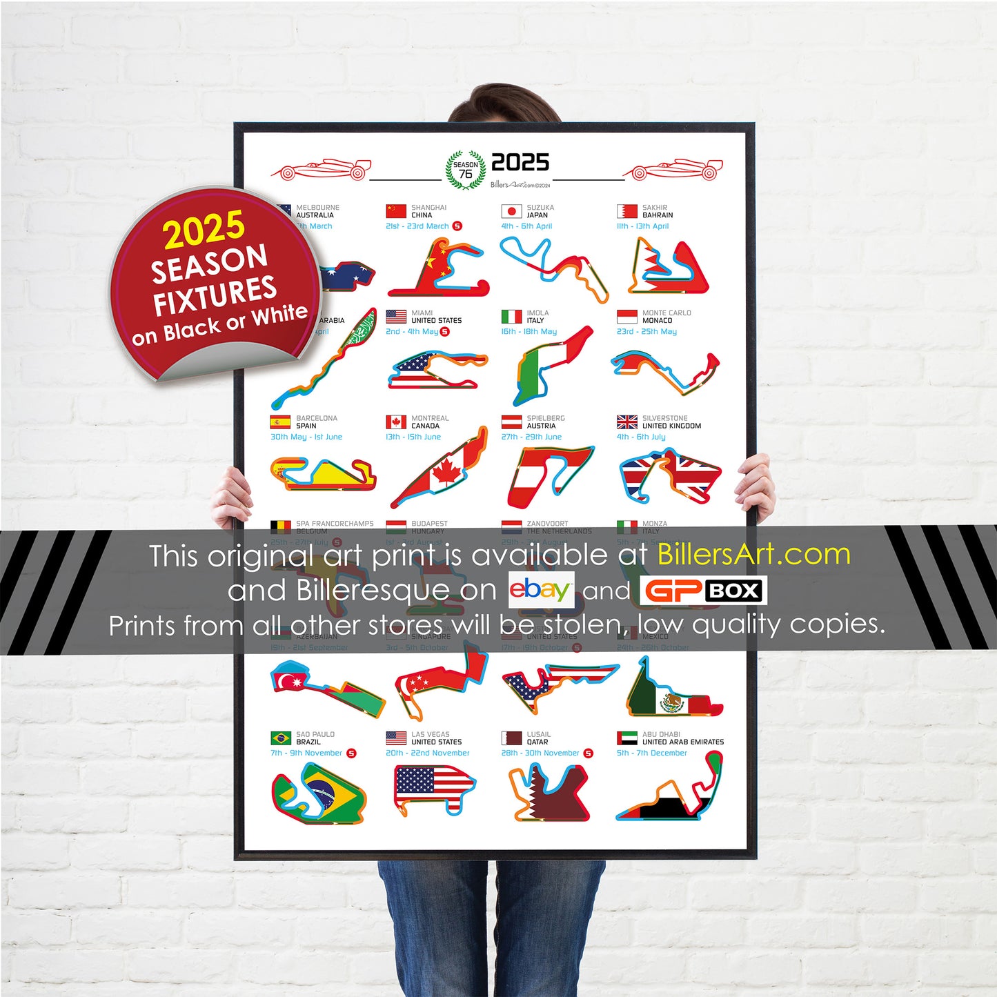 Formula 1 2025 Season Fixtures Wall Calendar and Flag Circuits Portrait Print