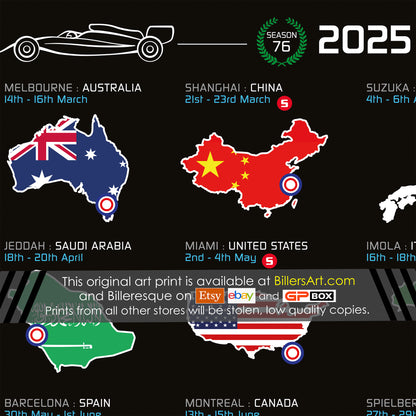 Formula 1 2025 Season Fixtures and Locations Wall Calendar (Portrait)