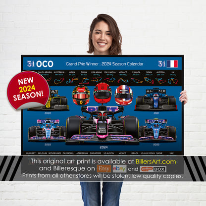 Esteban Ocon Formula 1 2024 Detailed Season Dates Wall Calendar