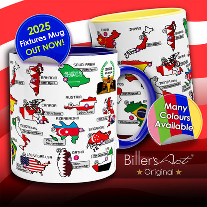 2025 Formula 1 Calendar Mug With Counties and Flag - All F1 Races (2024 also available)