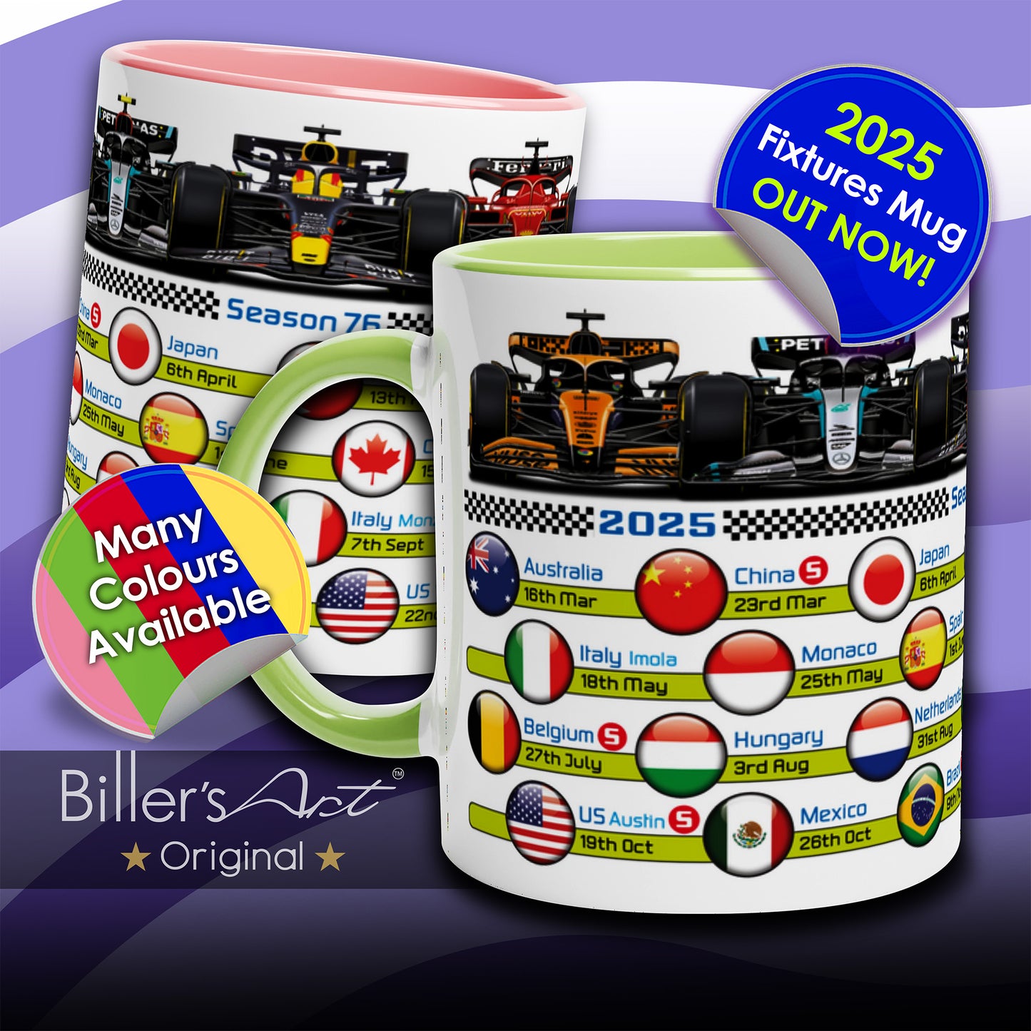 2025 Formula 1 Calendar Country Flag Mugs - All F1 Races (2024 also available)