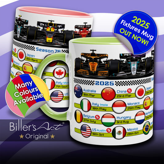 2025 Formula 1 Calendar Country Flag Mugs - All F1 Races (2024 also available)