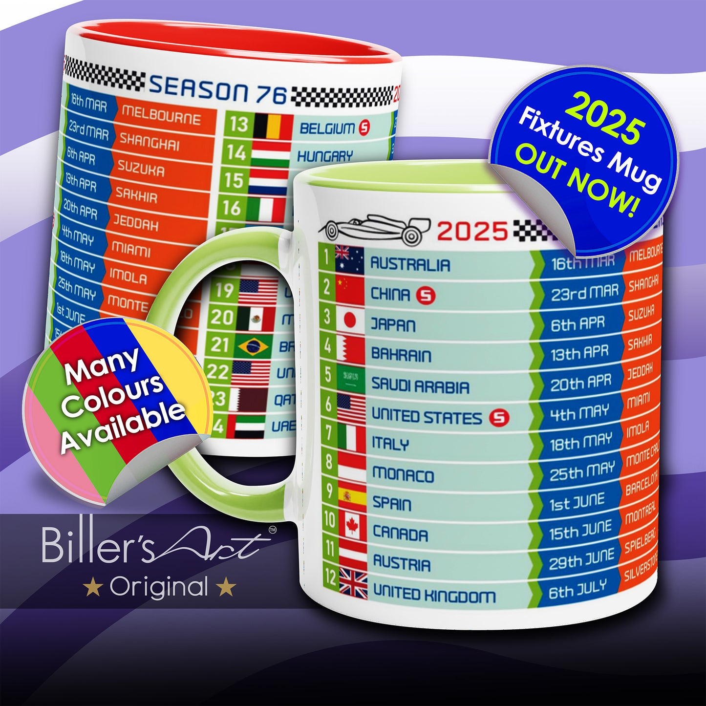 Formula 1 FIXTURES 2025 Mug - Formula 1 schedules calendar - (2024 Seasons Also Available)