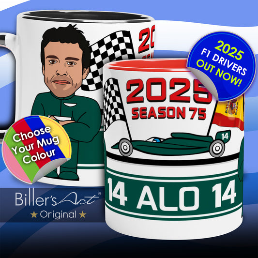 Formula 1 Mug Caricature of the 2025 Aston Martin Driver Fernando Alonso