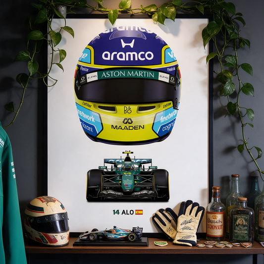 Fernando Alonso Formula 1 Racing Helmet 2026 Aston Martin Print