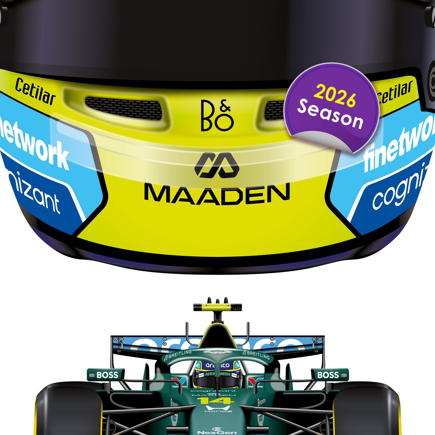 Fernando Alonso Formula 1 Racing Helmet 2026 Aston Martin Print