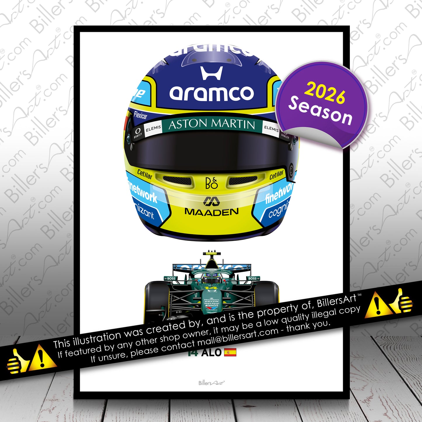 Fernando Alonso Formula 1 Racing Helmet 2026 Aston Martin Print