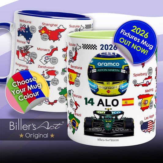 Two racing-themed mugs with various designs and text on a purple background, featuring the brand 'Biller's Act'.