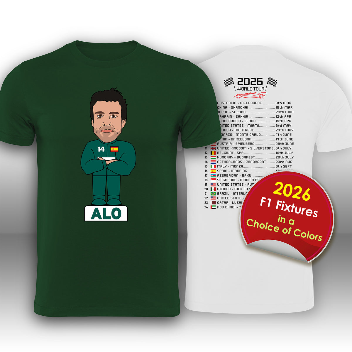 Fernando Alonso 2026 Cartoon Calendar Formula 1 F1 T-Shirt
