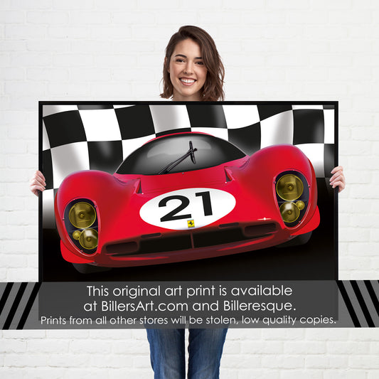 Ferrari 330 P4 - Le Mans Racing Car poster on a Chequered Flag background