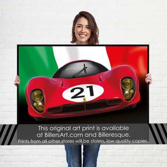 Ferrari 330 P4 - Le Mans Racing Car poster on an Italian Flag background