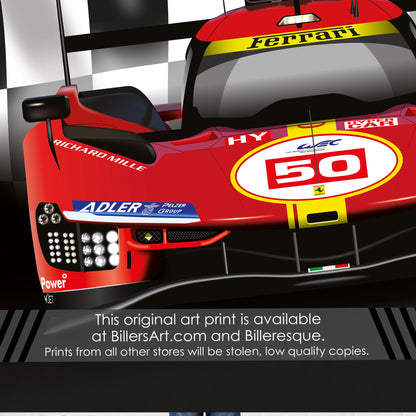 Ferrari 499P - Le Mans Racing Car poster on a Chequered Flag background