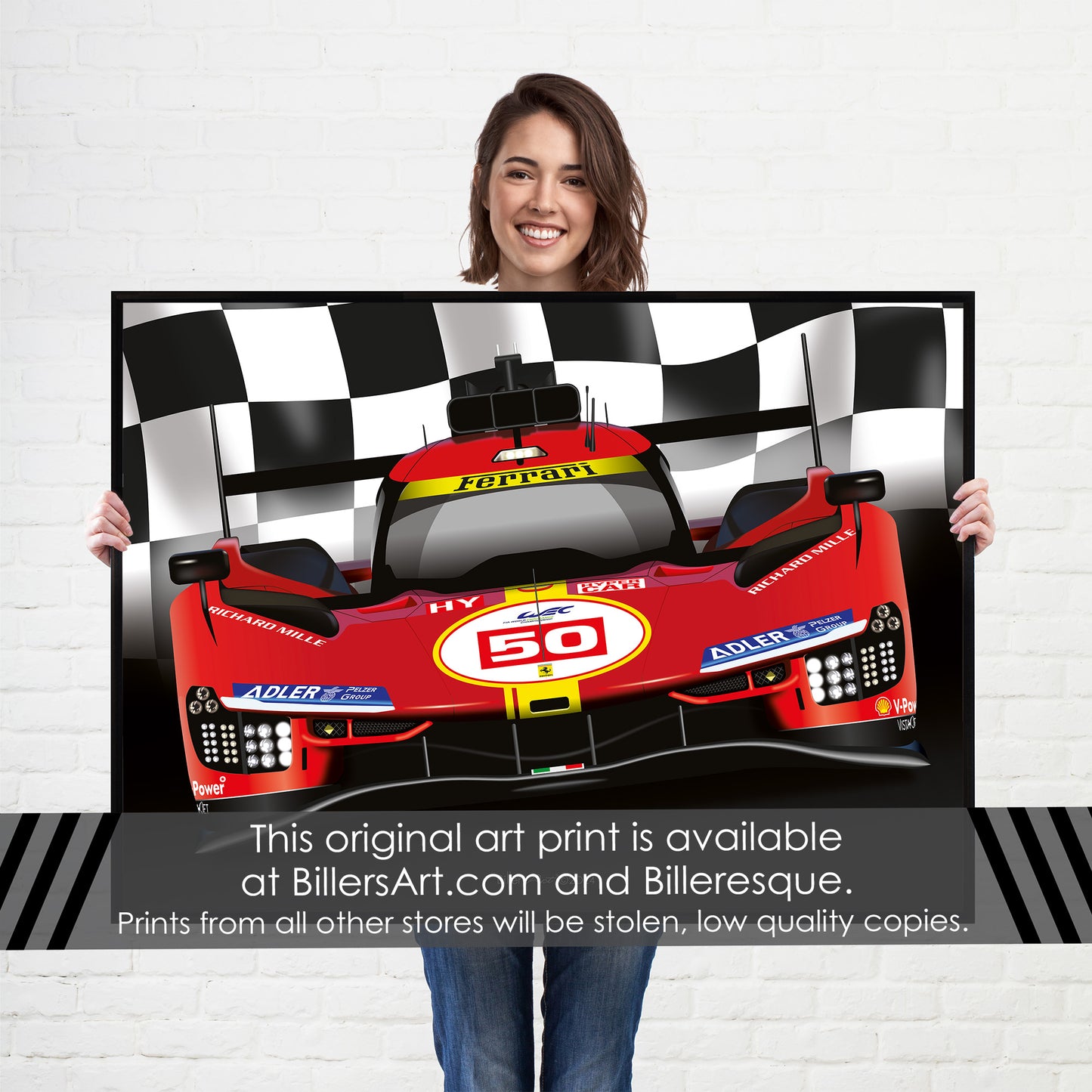Ferrari 499P - Le Mans Racing Car poster on a Chequered Flag background