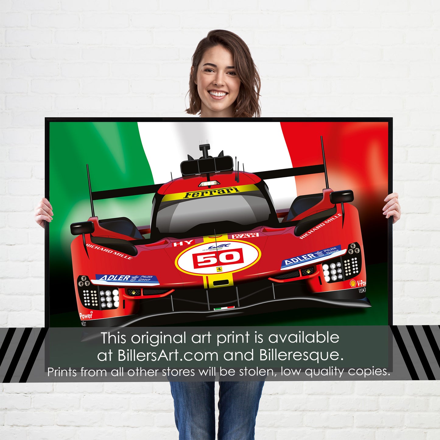 Ferrari 499P - Le Mans Racing Car poster on an Italian Flag background