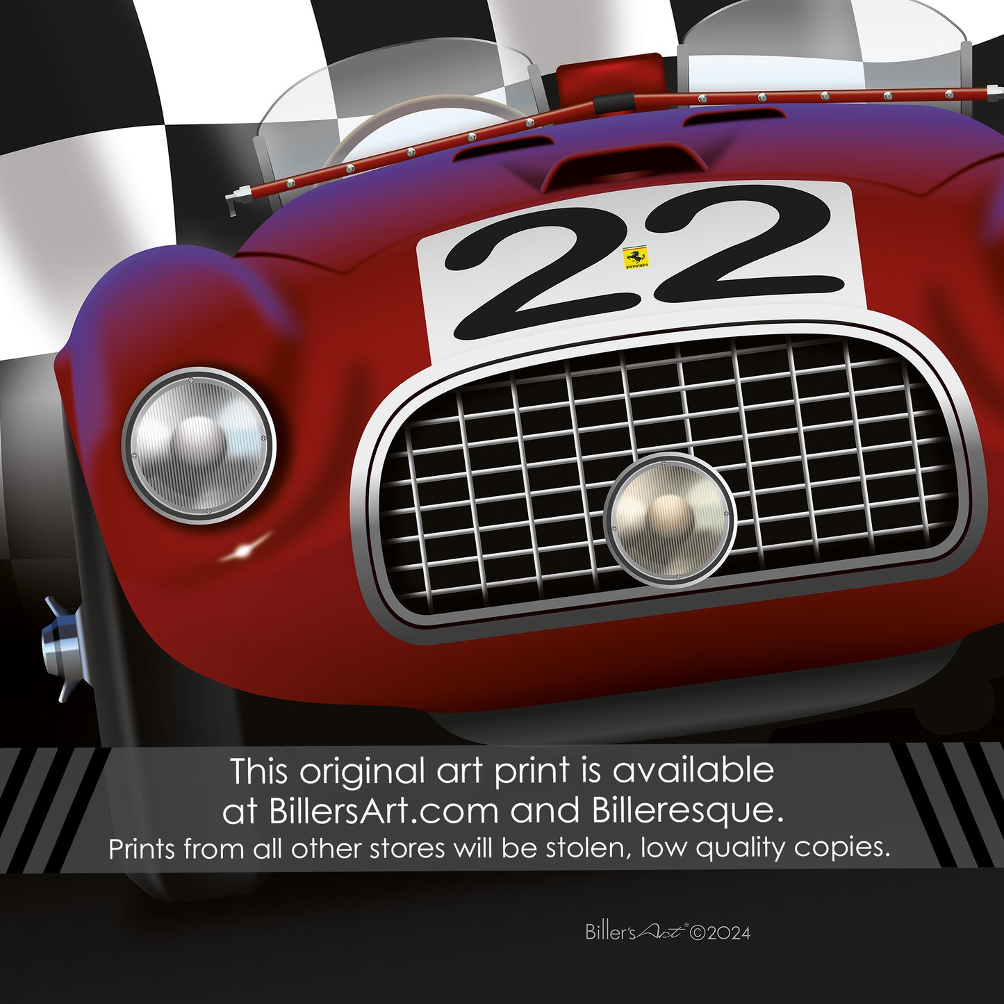 Ferrari Barchetta - Le Mans Racing Car poster on a Chequered Flag background