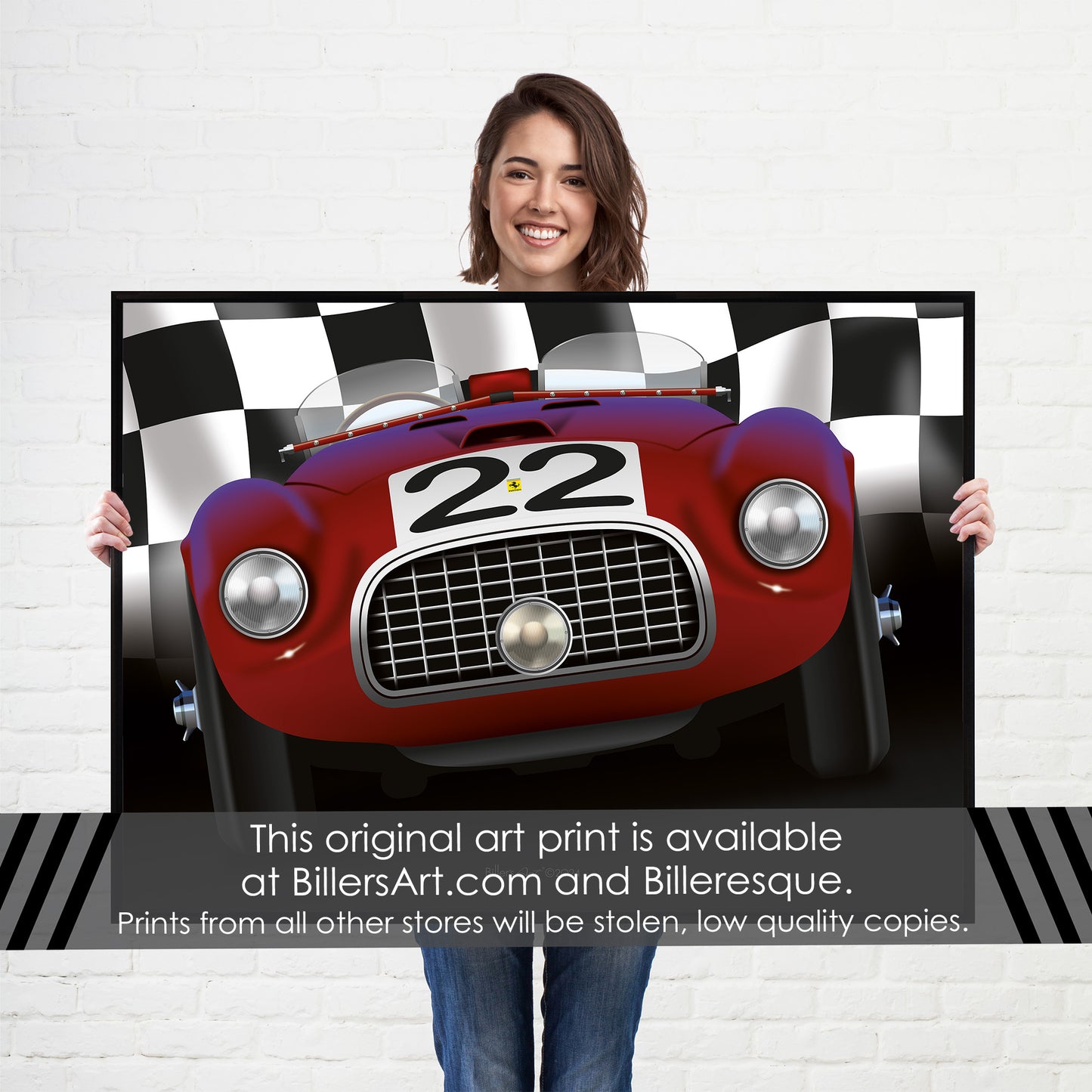 Ferrari Barchetta - Le Mans Racing Car poster on a Chequered Flag background