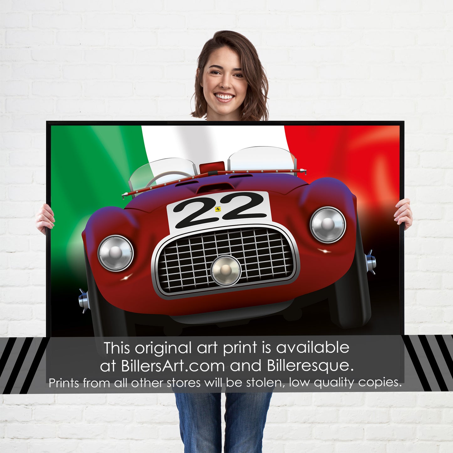 Ferrari Barchetta - Le Mans Racing Car poster on an Italian Flag background