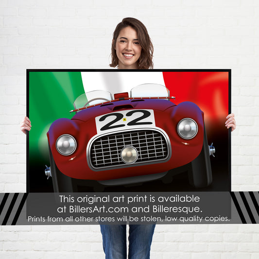 Ferrari Barchetta - Le Mans Racing Car poster on an Italian Flag background