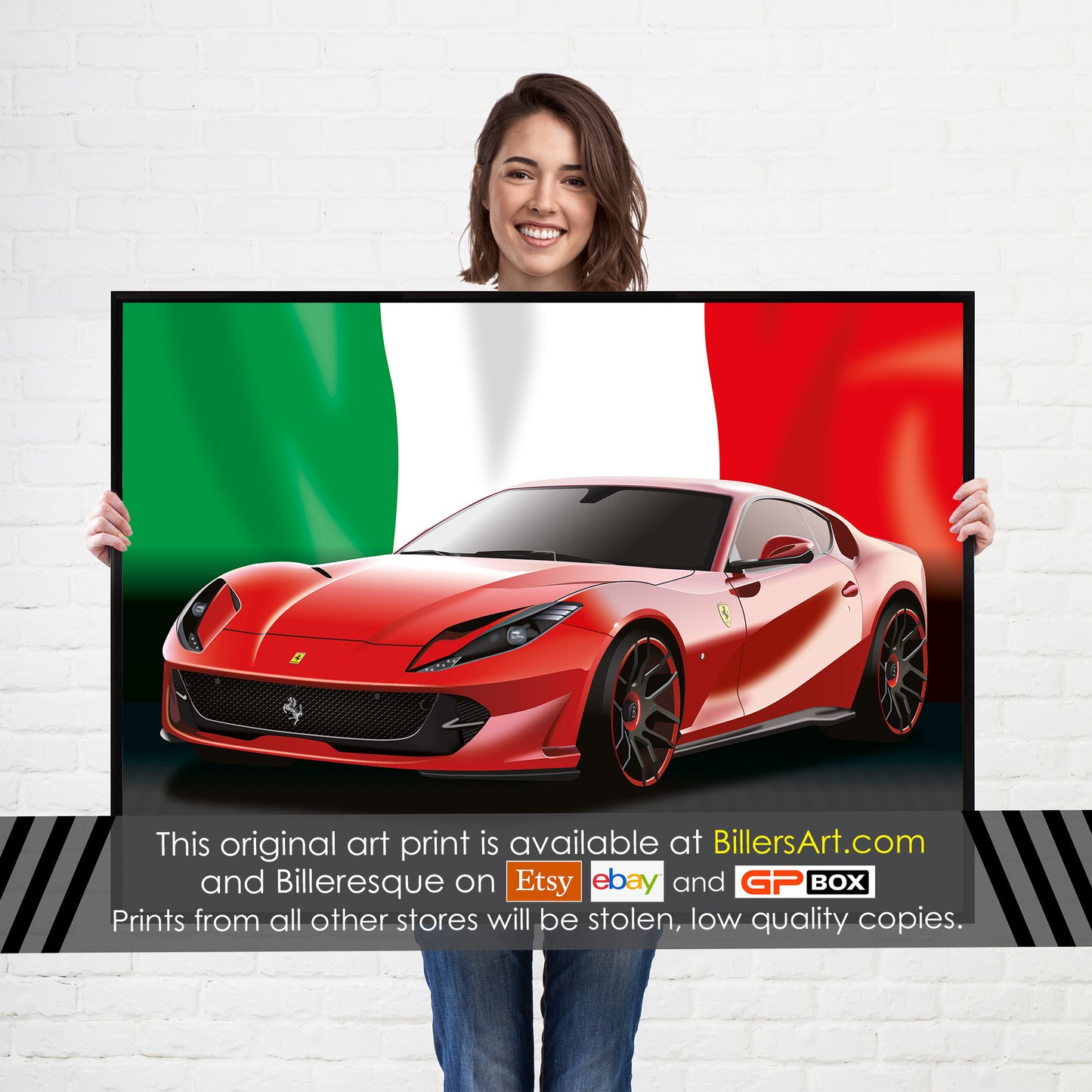 Ferrari 812 Superfast Supercar High Quality Print Illustration with the Italian Flag