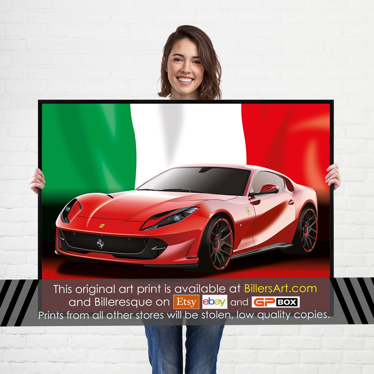 Ferrari 812 Superfast Supercar High Quality Print Illustration with the Italian Flag