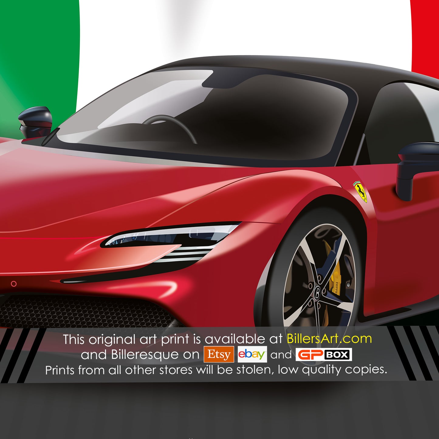 Ferrari SF90 Stradale Supercar High Quality Print Illustration with the Italian Flag