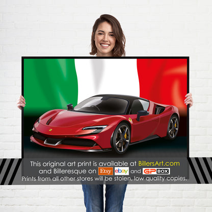 Ferrari SF90 Stradale Supercar High Quality Print Illustration with the Italian Flag